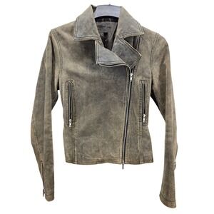 Y2K Heart Moon Star Distressed Brown Leather Moto Biker Jacket Women Size Medium